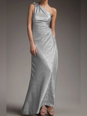 David Meister One Shoulder Metallic Gown